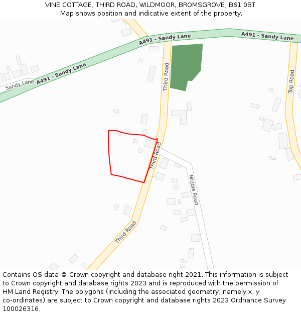 VINE COTTAGE, THIRD ROAD, WILDMOOR, BROMSGROVE, B61 0BT: Location map and indicative extent of plot