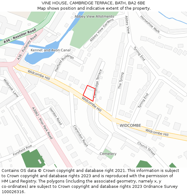 VINE HOUSE, CAMBRIDGE TERRACE, BATH, BA2 6BE: Location map and indicative extent of plot