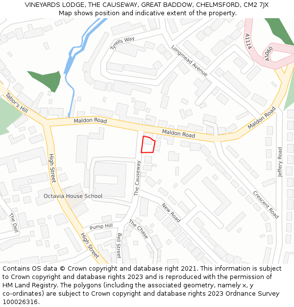 VINEYARDS LODGE, THE CAUSEWAY, GREAT BADDOW, CHELMSFORD, CM2 7JX: Location map and indicative extent of plot