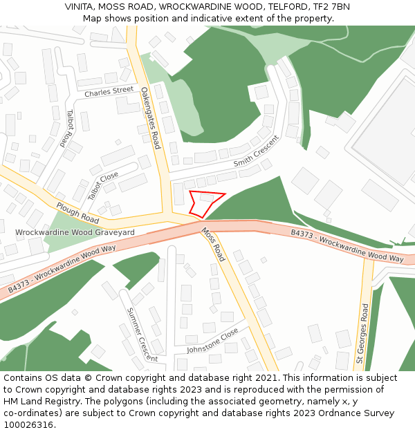 VINITA, MOSS ROAD, WROCKWARDINE WOOD, TELFORD, TF2 7BN: Location map and indicative extent of plot