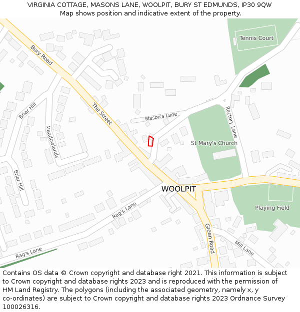 VIRGINIA COTTAGE, MASONS LANE, WOOLPIT, BURY ST EDMUNDS, IP30 9QW: Location map and indicative extent of plot
