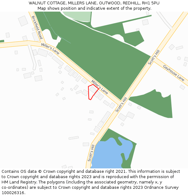 WALNUT COTTAGE, MILLERS LANE, OUTWOOD, REDHILL, RH1 5PU: Location map and indicative extent of plot