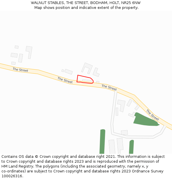 WALNUT STABLES, THE STREET, BODHAM, HOLT, NR25 6NW: Location map and indicative extent of plot