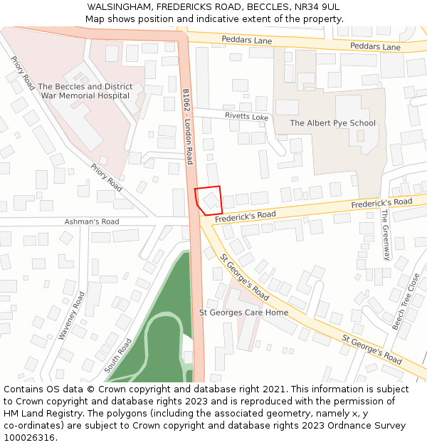 WALSINGHAM, FREDERICKS ROAD, BECCLES, NR34 9UL: Location map and indicative extent of plot