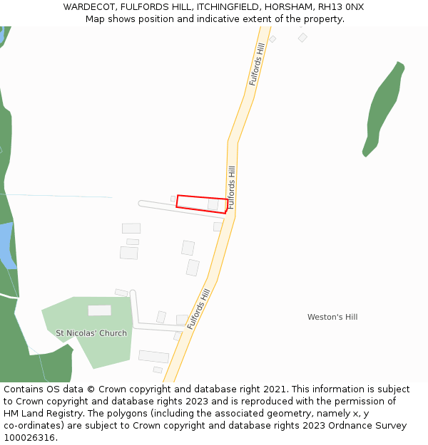 WARDECOT, FULFORDS HILL, ITCHINGFIELD, HORSHAM, RH13 0NX: Location map and indicative extent of plot