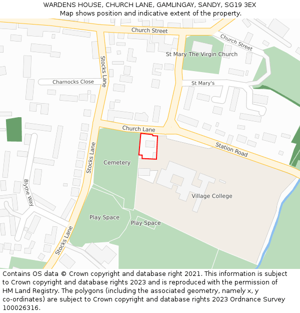 WARDENS HOUSE, CHURCH LANE, GAMLINGAY, SANDY, SG19 3EX: Location map and indicative extent of plot