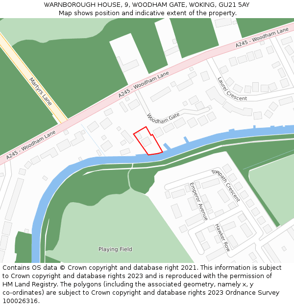 WARNBOROUGH HOUSE, 9, WOODHAM GATE, WOKING, GU21 5AY: Location map and indicative extent of plot