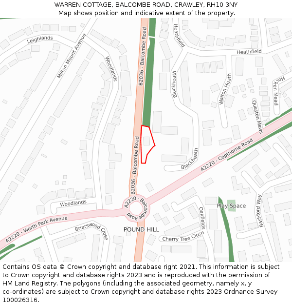 WARREN COTTAGE, BALCOMBE ROAD, CRAWLEY, RH10 3NY: Location map and indicative extent of plot