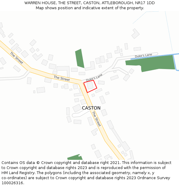 WARREN HOUSE, THE STREET, CASTON, ATTLEBOROUGH, NR17 1DD: Location map and indicative extent of plot