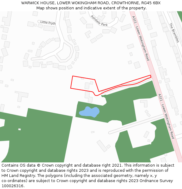 WARWICK HOUSE, LOWER WOKINGHAM ROAD, CROWTHORNE, RG45 6BX: Location map and indicative extent of plot
