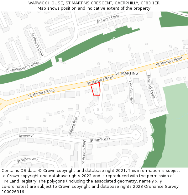 WARWICK HOUSE, ST MARTINS CRESCENT, CAERPHILLY, CF83 1ER: Location map and indicative extent of plot