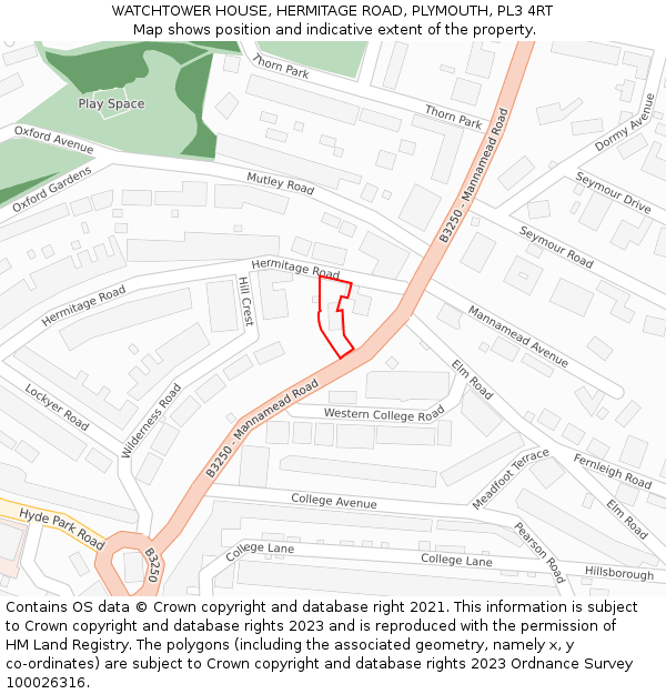 WATCHTOWER HOUSE, HERMITAGE ROAD, PLYMOUTH, PL3 4RT: Location map and indicative extent of plot
