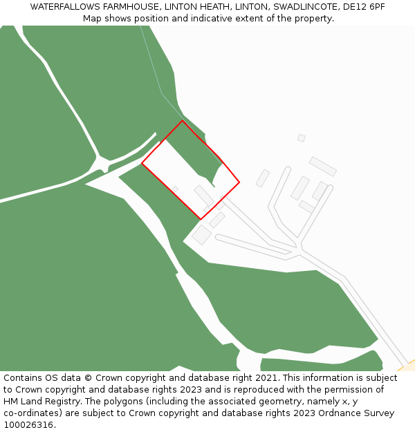 WATERFALLOWS FARMHOUSE, LINTON HEATH, LINTON, SWADLINCOTE, DE12 6PF: Location map and indicative extent of plot