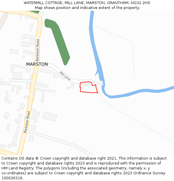 WATERMILL COTTAGE, MILL LANE, MARSTON, GRANTHAM, NG32 2HS: Location map and indicative extent of plot
