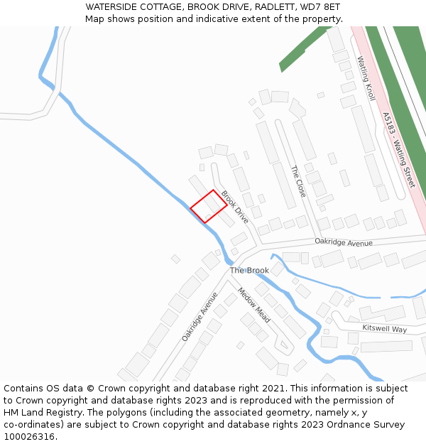 WATERSIDE COTTAGE, BROOK DRIVE, RADLETT, WD7 8ET: Location map and indicative extent of plot