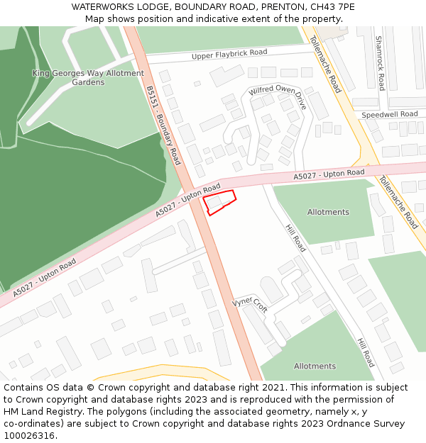 WATERWORKS LODGE, BOUNDARY ROAD, PRENTON, CH43 7PE: Location map and indicative extent of plot