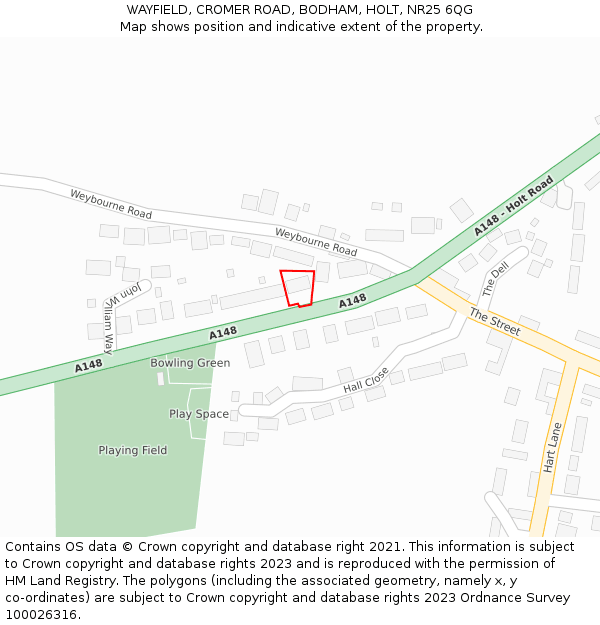 WAYFIELD, CROMER ROAD, BODHAM, HOLT, NR25 6QG: Location map and indicative extent of plot