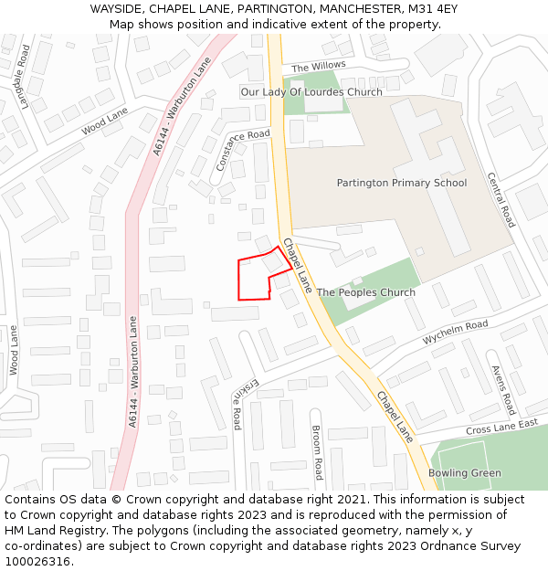 WAYSIDE, CHAPEL LANE, PARTINGTON, MANCHESTER, M31 4EY: Location map and indicative extent of plot