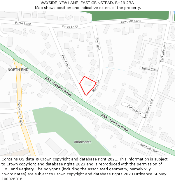 WAYSIDE, YEW LANE, EAST GRINSTEAD, RH19 2BA: Location map and indicative extent of plot