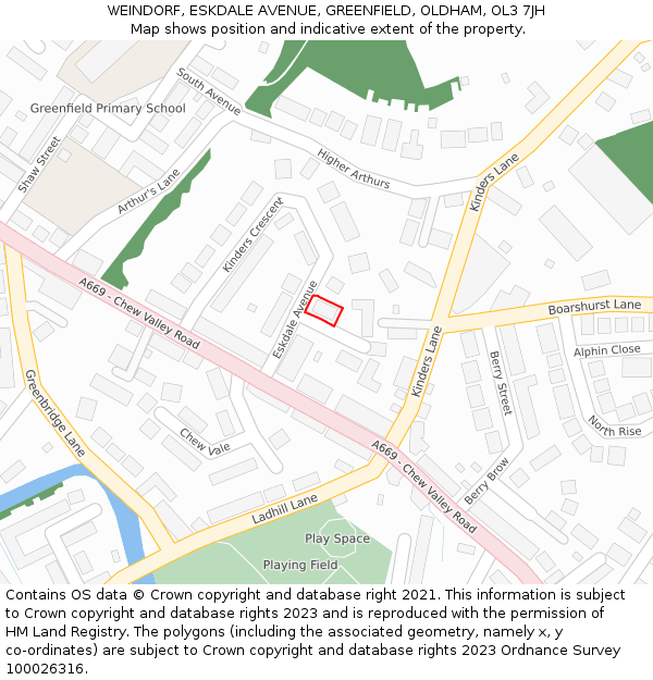 WEINDORF, ESKDALE AVENUE, GREENFIELD, OLDHAM, OL3 7JH: Location map and indicative extent of plot