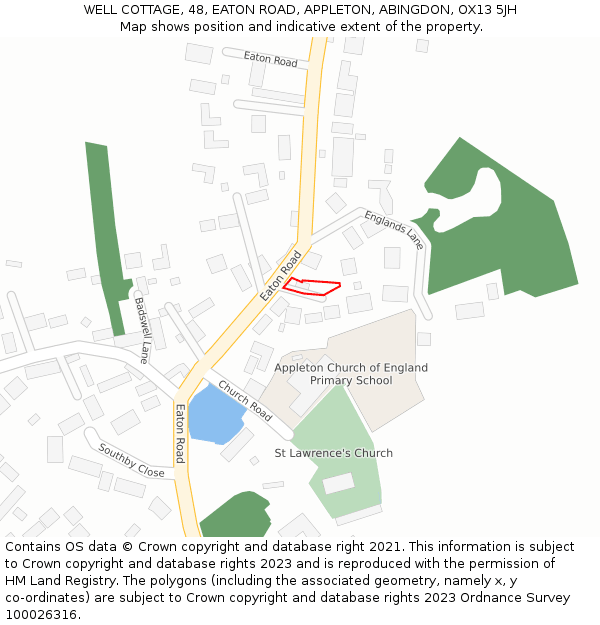 WELL COTTAGE, 48, EATON ROAD, APPLETON, ABINGDON, OX13 5JH: Location map and indicative extent of plot