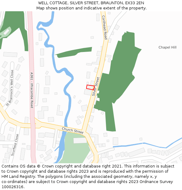 WELL COTTAGE, SILVER STREET, BRAUNTON, EX33 2EN: Location map and indicative extent of plot