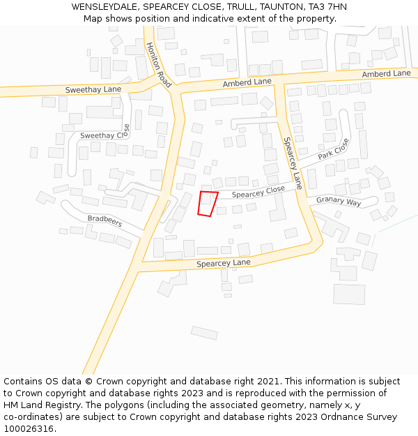 WENSLEYDALE, SPEARCEY CLOSE, TRULL, TAUNTON, TA3 7HN: Location map and indicative extent of plot