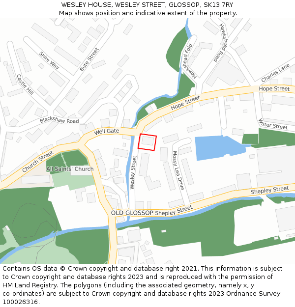 WESLEY HOUSE, WESLEY STREET, GLOSSOP, SK13 7RY: Location map and indicative extent of plot