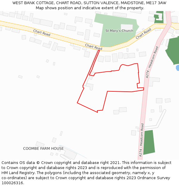 WEST BANK COTTAGE, CHART ROAD, SUTTON VALENCE, MAIDSTONE, ME17 3AW: Location map and indicative extent of plot