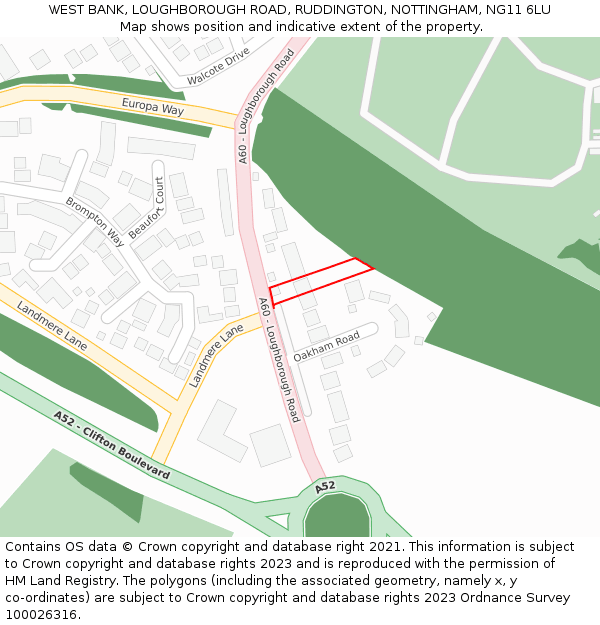 WEST BANK, LOUGHBOROUGH ROAD, RUDDINGTON, NOTTINGHAM, NG11 6LU: Location map and indicative extent of plot