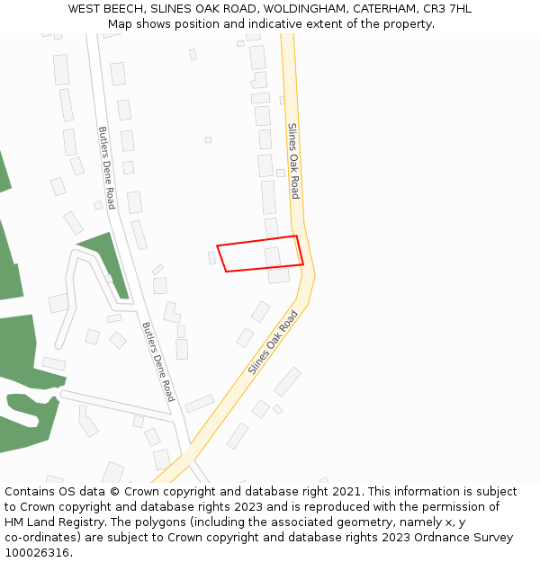 WEST BEECH, SLINES OAK ROAD, WOLDINGHAM, CATERHAM, CR3 7HL: Location map and indicative extent of plot