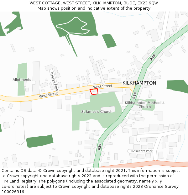 WEST COTTAGE, WEST STREET, KILKHAMPTON, BUDE, EX23 9QW: Location map and indicative extent of plot