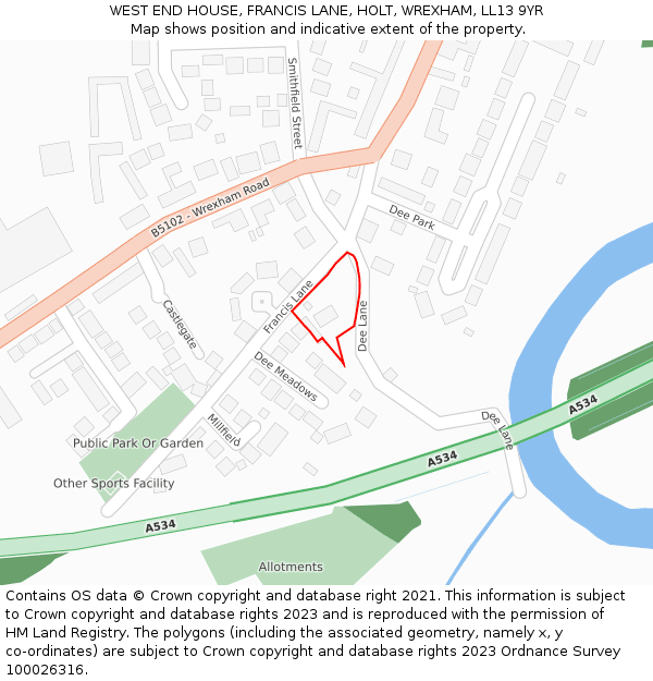 WEST END HOUSE, FRANCIS LANE, HOLT, WREXHAM, LL13 9YR: Location map and indicative extent of plot