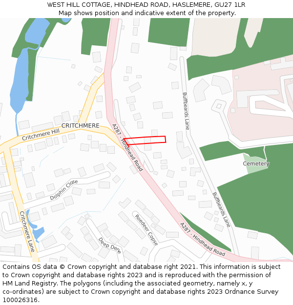 WEST HILL COTTAGE, HINDHEAD ROAD, HASLEMERE, GU27 1LR: Location map and indicative extent of plot
