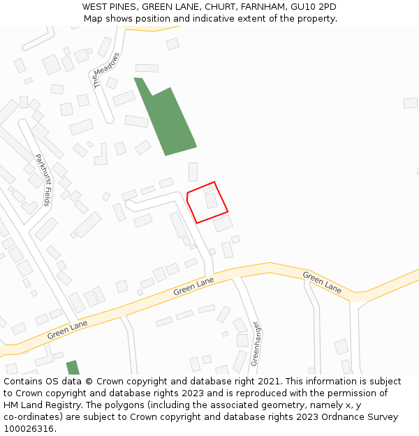 WEST PINES, GREEN LANE, CHURT, FARNHAM, GU10 2PD: Location map and indicative extent of plot