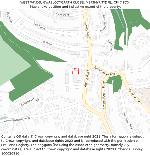 WEST WINDS, GWAELODYGARTH CLOSE, MERTHYR TYDFIL, CF47 8DX: Location map and indicative extent of plot