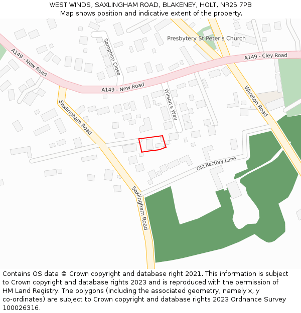 WEST WINDS, SAXLINGHAM ROAD, BLAKENEY, HOLT, NR25 7PB: Location map and indicative extent of plot