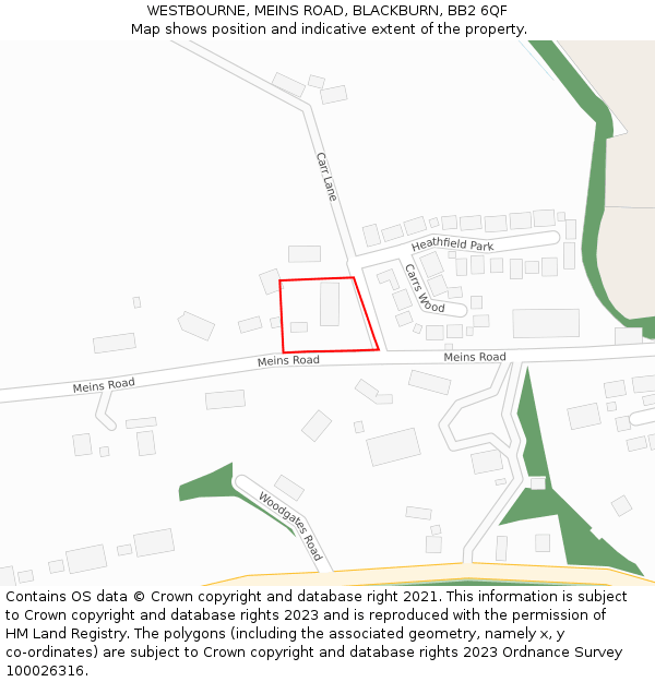 WESTBOURNE, MEINS ROAD, BLACKBURN, BB2 6QF: Location map and indicative extent of plot