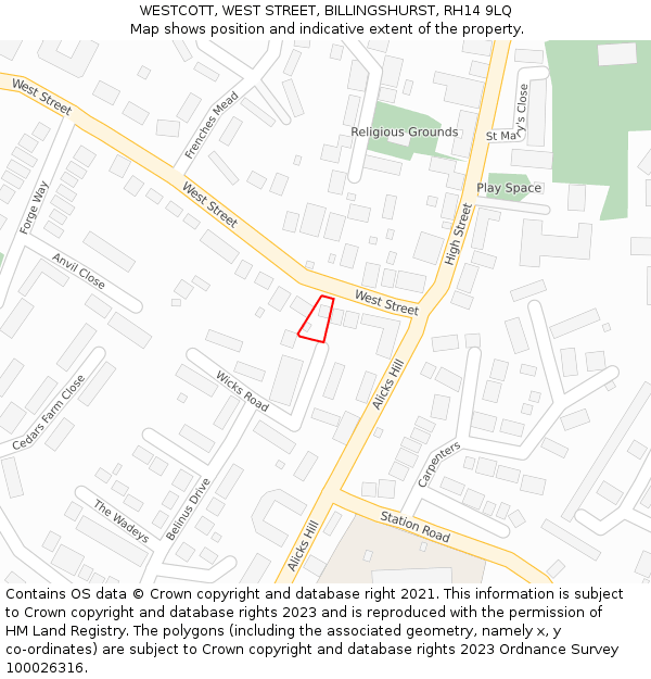 WESTCOTT, WEST STREET, BILLINGSHURST, RH14 9LQ: Location map and indicative extent of plot