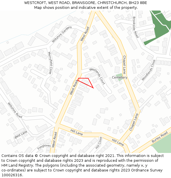 WESTCROFT, WEST ROAD, BRANSGORE, CHRISTCHURCH, BH23 8BE: Location map and indicative extent of plot