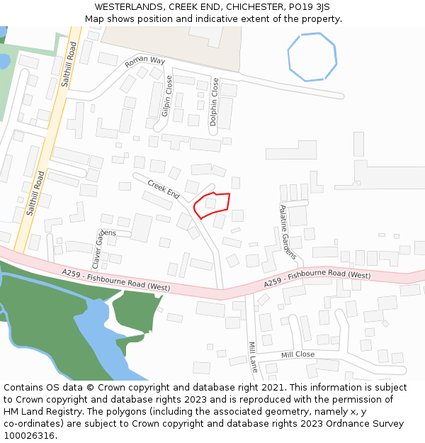 WESTERLANDS, CREEK END, CHICHESTER, PO19 3JS: Location map and indicative extent of plot