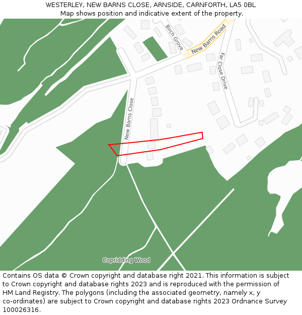WESTERLEY, NEW BARNS CLOSE, ARNSIDE, CARNFORTH, LA5 0BL: Location map and indicative extent of plot