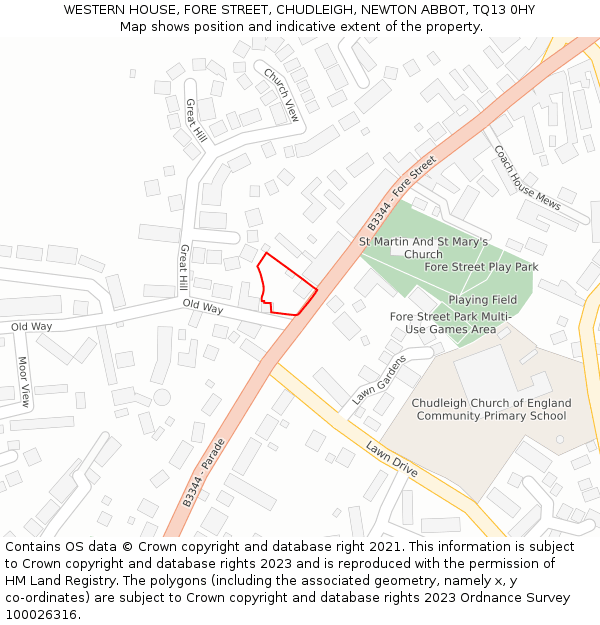 WESTERN HOUSE, FORE STREET, CHUDLEIGH, NEWTON ABBOT, TQ13 0HY: Location map and indicative extent of plot