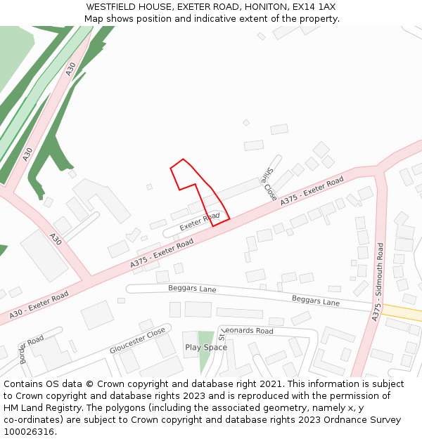 WESTFIELD HOUSE, EXETER ROAD, HONITON, EX14 1AX: Location map and indicative extent of plot