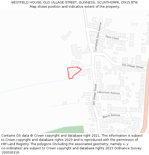 WESTFIELD HOUSE, OLD VILLAGE STREET, GUNNESS, SCUNTHORPE, DN15 8TW: Location map and indicative extent of plot