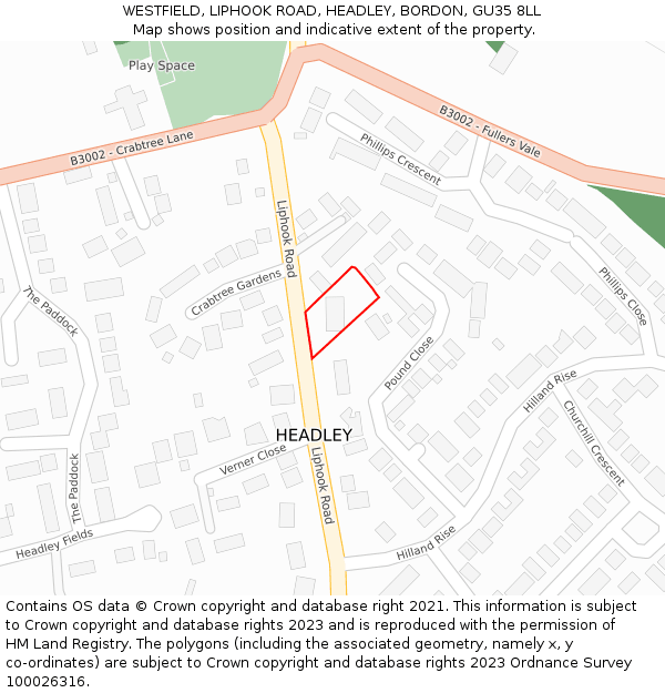 WESTFIELD, LIPHOOK ROAD, HEADLEY, BORDON, GU35 8LL: Location map and indicative extent of plot