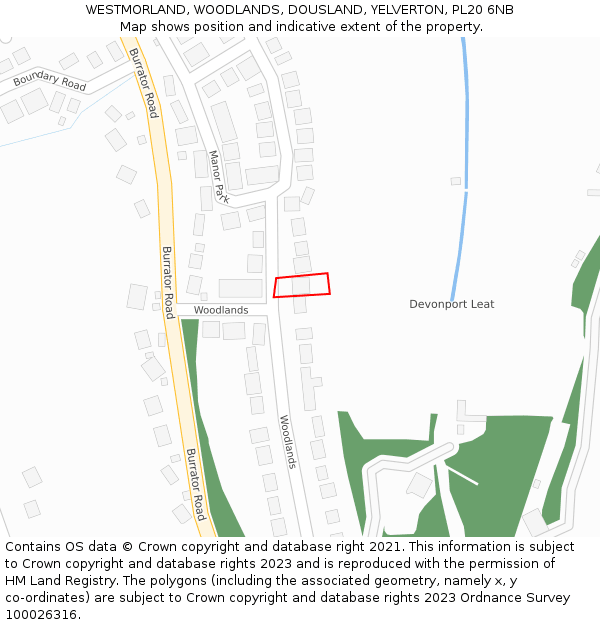 WESTMORLAND, WOODLANDS, DOUSLAND, YELVERTON, PL20 6NB: Location map and indicative extent of plot