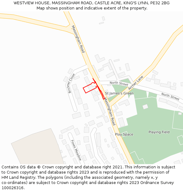 WESTVIEW HOUSE, MASSINGHAM ROAD, CASTLE ACRE, KING'S LYNN, PE32 2BG: Location map and indicative extent of plot