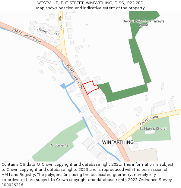 WESTVILLE, THE STREET, WINFARTHING, DISS, IP22 2ED: Location map and indicative extent of plot
