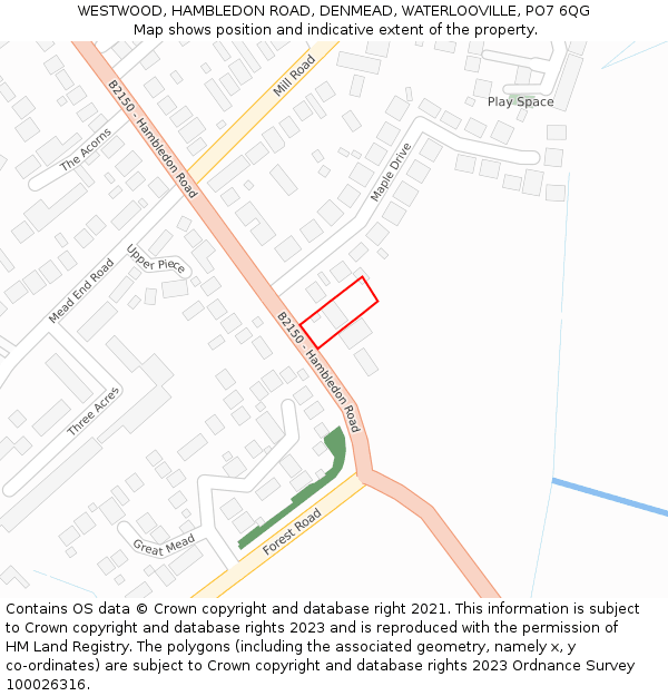 WESTWOOD, HAMBLEDON ROAD, DENMEAD, WATERLOOVILLE, PO7 6QG: Location map and indicative extent of plot